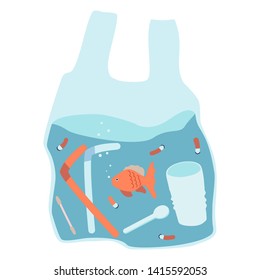 Fish and garbage in a plastic bag. Shows global pollution of the oceans and seas. Vector illustration of an environmental problem. Eps 10.