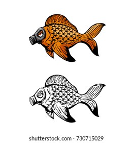 Fish in a gas mask vector illustration. Ecological problems. Hand drawn sketch