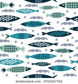 Fish geometric pattern seamless backdrop. Naive colorful underwater sea creature scene with bubbles and Japanese waves. Background for prints, textiles, and wrapping paper. Vector illustration 
