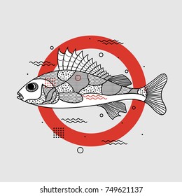 Fish with geometric shapes. Seafood design. Bar restaurant branding. Japanese food.