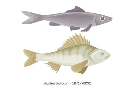 Fish as Gill-bearing Aquatic Animal Used as Seafood Vector Set