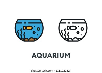 Fish Glass Water Aquarium. Interior Furniture Concept. Minimal Color Flat Line Outline Stroke Icon.
