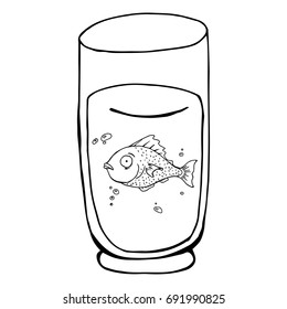 Fish in the glass. Fish in a glass of water. Vector illustration of a small fish in a glass with water as in an aquarium. Hand drawn cartoon fish.