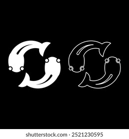 Fish goby two moves in circle set icon white color vector illustration image solid fill outline contour line thin flat style