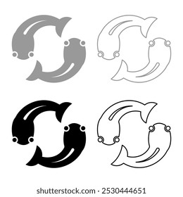 Fish goby two moves in circle set icon grey black color vector illustration image solid fill outline contour line thin flat style