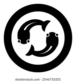 Fish goby two moves in circle icon in circle round black color vector illustration image solid outline style