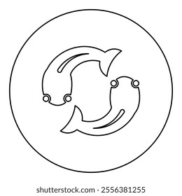 Fish goby two moves in circle icon in circle round black color vector illustration image outline contour line thin style