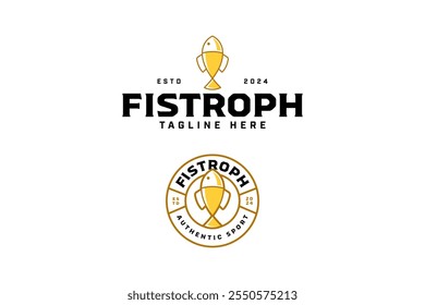 fish with golden trophy minimalist badge logo design set. golden cup with fish minnow shape element design. yellow mug with fish line art illustration logo for fishing sport, fishery, fisherman