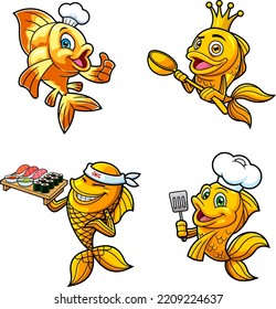 Fish Or Goldfish Cartoon Characters. Vector Hand Drawn Collection Set Isolated On Transparent Background