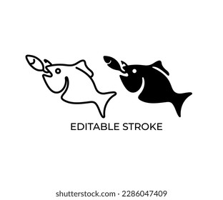 Fish grabs bait, fish, fishing, bait and crankbait, editable stroke, silhouette and linear design. Animal, nature, fisherman, angler, fish hook and catch, vector design and illustration