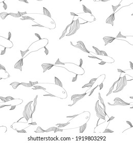 Fish graphic black white line seamless pattern background sketch illustration. Japanese Koi carps, fish on white backgriund. Etched ocean fish wrapper.