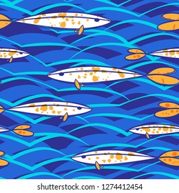 Fish. Graphic modern pattern. Graphic ornament. Nature wallpaper. Ornament print. Water wave abstract design. Underwater abstract background. Colorful ocean wave. Ocean wildlife.
