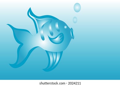 Fish graphic over gradient blue background.