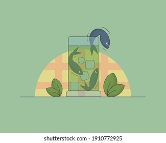 fish green tea, vector flat illustration, glass with ice, leaf, table, green, blue, art