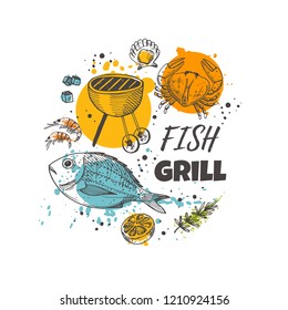Fish grill concept design. Seafood. Local fresh. Hand drawn vector illustration. Can be used for menu, marine cafe, market, barbeque, bar, restaurant, poster, label, sticker, logo.