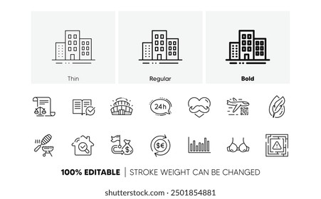 Fish grill, Financial goal and Arena stadium line icons. Pack of Legal documents, Money currency, Hypoallergenic tested icon. Maze attention, Bra, Inspect pictogram. Buildings. Line icons. Vector