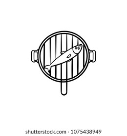 Icono del doodle dibujado a mano a la parrilla de pescado. Dibujo vectorial de peces en una sartén para impresión, web, móvil e infografía aislados en fondo blanco.