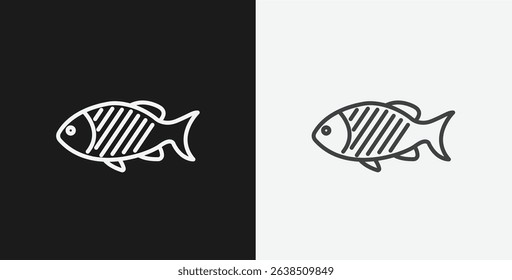 Fish with Grill Marks on Black and White Backgrounds, Representing Seafood or Cooked Fish, White Outline Icon