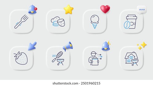 Fish grill, Takeaway coffee and Fork line icons. Buttons with 3d bell, chat speech, cursor. Pack of Home grill, Potato, Food delivery icon. Ice cream, Strawberry pictogram. Vector