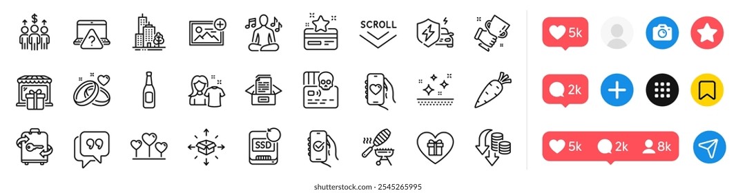 Fish grill, Yoga music and Loyalty card line icons pack. Social media icons. Skyscraper buildings, Dating app, Winner cup web icon. Scroll down, Marriage rings, Add photo pictogram. Vector