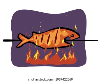 Fish grilling on flame illustration vector 