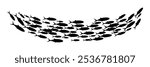 Fish group swimming. School of blackfish. Silhouette of group of sea fishes. Abstract vector illustration isolated on transparent.
