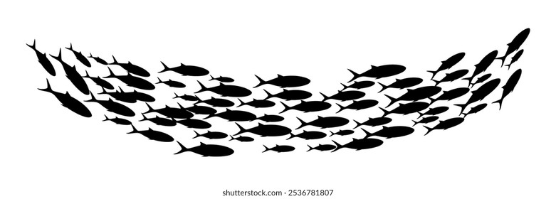 Grupo de peixes nadando. Escola de peixe negro. Silhueta de grupo de peixes do mar. Ilustração vetorial abstrata isolada em transparente.