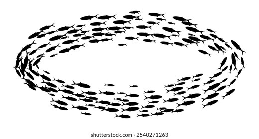 Fish group swimming. School of blackfish. Silhouette of group of sea fishes. Abstract vector illustration isolated on transparent.