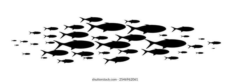 Fish group swimming. School of blackfish. Silhouette of group of sea fishes. Abstract vector illustration isolated on transparent.