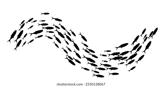 Fish group swimming. School of blackfish. Silhouette of group of sea fishes. Abstract vector illustration isolated on transparent.