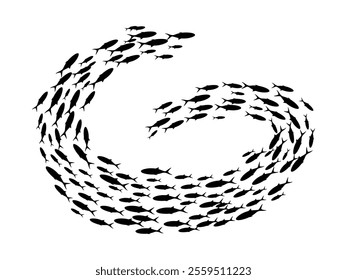 Fish group swimming. School of blackfish. Silhouette of group of sea fishes. Abstract vector illustration isolated on transparent.