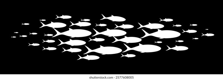 Fish group swimming. School of blackfish. Silhouettes of white fishes isolated on black background. Abstract vector illustration.