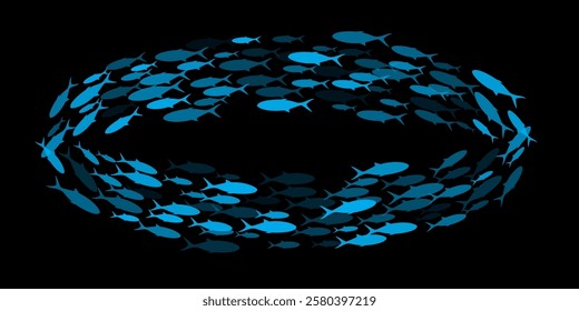 Fish group swimming. School of blackfish. Silhouettes of blue fishes isolated on black background. Abstract vector illustration.