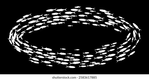 Fish group swimming. School of blackfish. Silhouettes of white fishes isolated on black background. Abstract vector illustration.