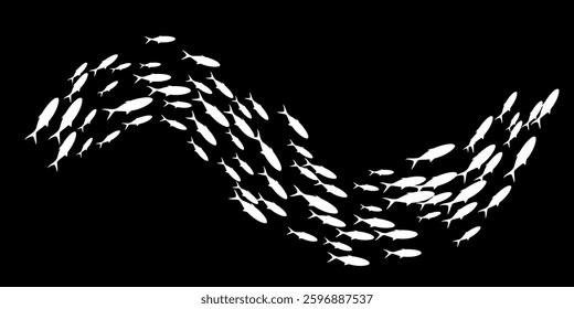 Fish group swimming. School of blackfish. Silhouettes of white fishes isolated on black background. Abstract vector illustration.