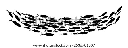 Fish group swimming. School of blackfish. Silhouette of group of sea fishes. Abstract vector illustration isolated on transparent.