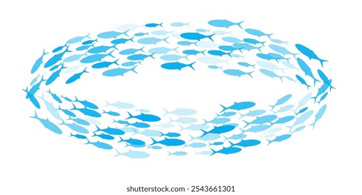 Grupo de peces nadando. Escuela de peces azules. Silueta de grupo de peces de mar. Ilustración vectorial Abstractas aislada en transparente.