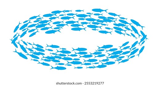 Grupo de peces nadando. Escuela de peces azules. Silueta de grupo de peces de mar. Ilustración vectorial Abstractas aislada en transparente.