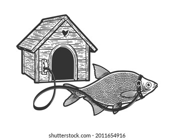 fish guard on leash near the booth line art sketch engraving vector illustration. T-shirt apparel print design. Scratch board imitation. Black and white hand drawn image.