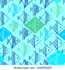 Fish hand drawing in the form of rhombuses in green and blue colors seamless pattern on a light blue green background.