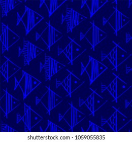 Fish hand drawing in the form of rhombuses in blue color seamless pattern on a dark blue background.