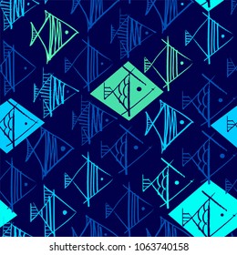 Fish hand drawing  in the form of rhombuses in blue color seamless pattern on a dark blue background.