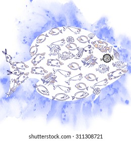 Fish. Hand drawn background with fish and cockleshell. Vector illustration