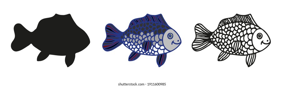 Fish hand drawn in doodle style. Cute cartoon character in flat style. Multicolor, with its silhouette and black and white sketch.