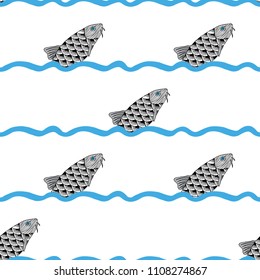 Fish hand drawn pattern. Salmon, black objects isolated on blue waves. Doodle art