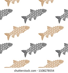 Fish hand drawn pattern. Salmon, gray and beige object isolated on white. Doodle art