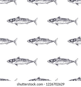 Fish hand drawn seamless patter. Sketch fish