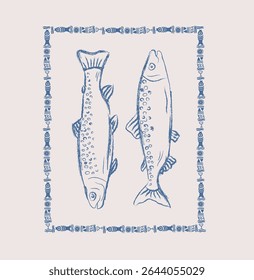 Fish hand drawn vector art, Mediterranean fish motif design with frame, Seafood tour artwork for t shirt, tote bag, screen print