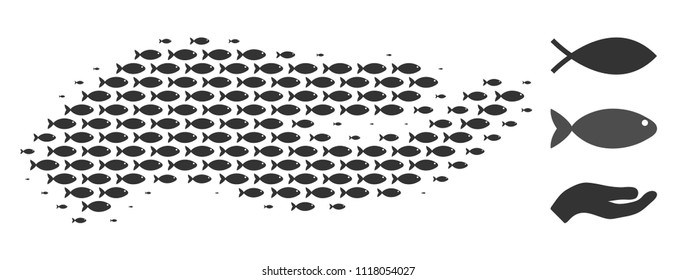 Fish hand halftone mosaic. Vector fish icons are organized into hand mosaic. Fishery design concept.