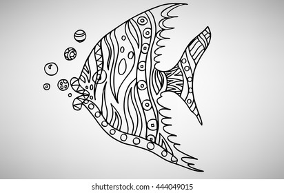 Fish. Hand-drawn with ethnic pattern. Coloring page - isolated on a white background. Zendoodle patterns. Vector illustration.